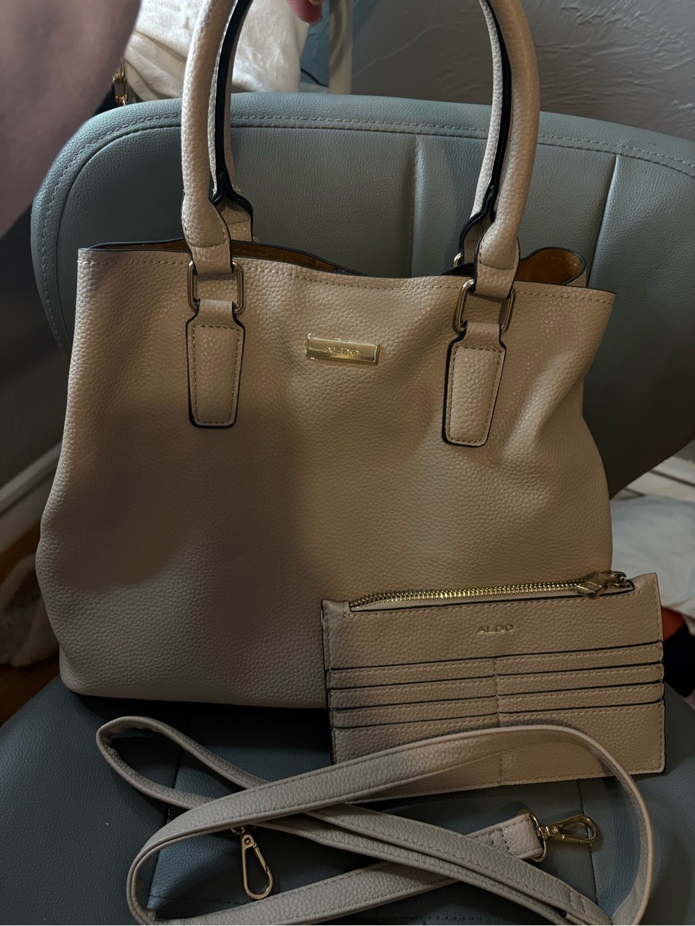 ALDO Beige Pebbled Crossbody Tote with Matching Card Wallet
